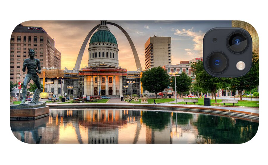 America iPhone 13 Case featuring the photograph St. Louis Skyline Morning Reflections by Gregory Ballos