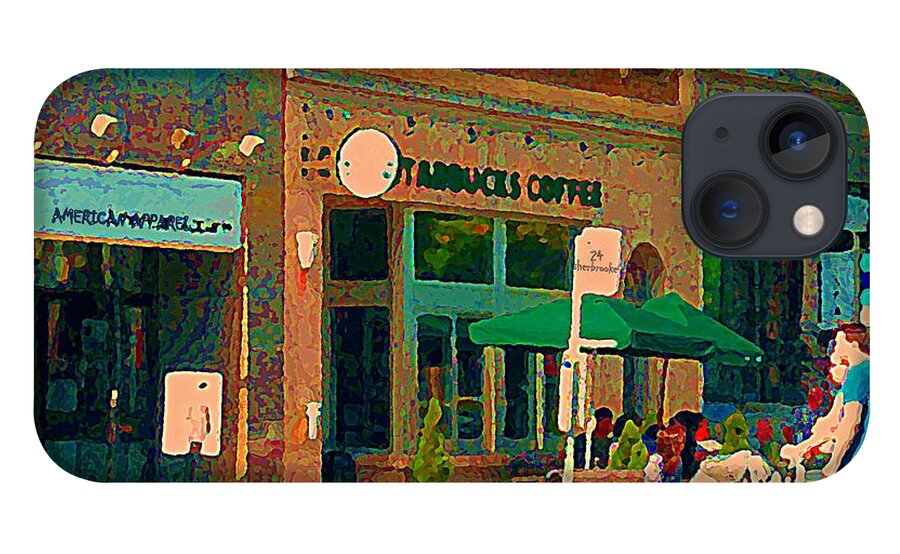  iPhone 13 Case featuring the painting Starbucks Cafe And Art Gold Shop Strolling With Baby By The 24 Bus Stop Sherbrooke Scenes C Spandau by Carole Spandau