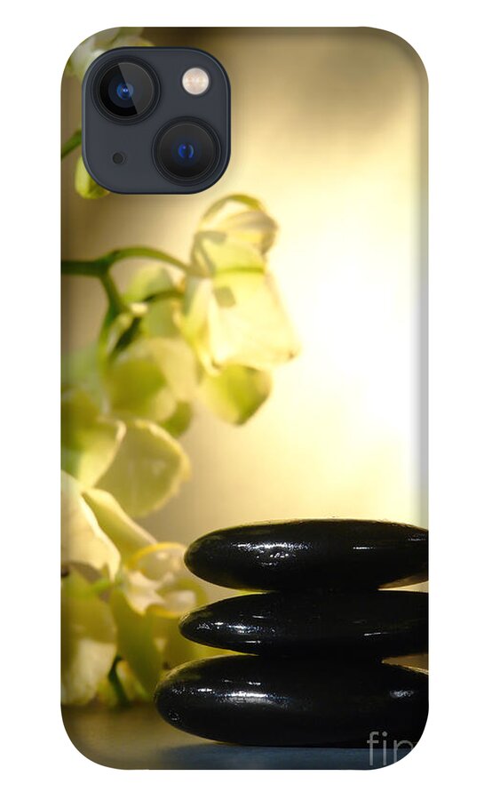 Orchid iPhone 13 Case featuring the photograph Stone Cairn and Orchids by Olivier Le Queinec