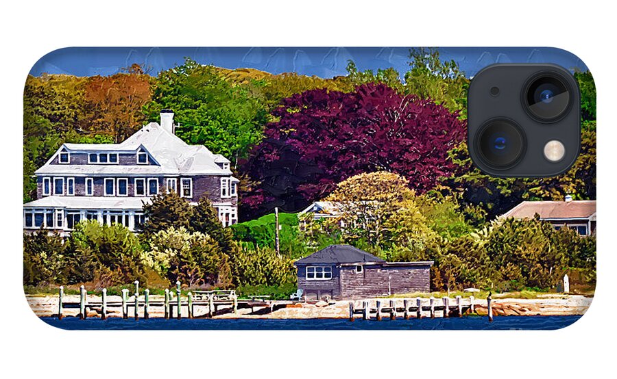 New England; Beach; Coastal; Shoreline; Summer Homes; Houses; Docks; Sea; Ocean; Marthas Vineyard; Trees; Nature; Natural; Kirt Tisdale iPhone 13 Case featuring the painting Summer at the Shore by Kirt Tisdale