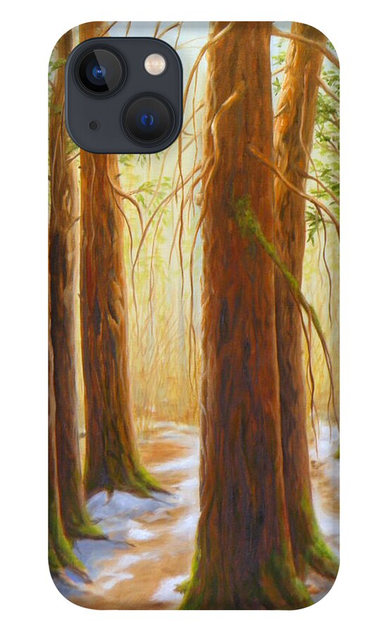 Snow Sky Trees Moss Ground Branches Cedars Firs Bark Forest Blue Green Brown White Violet Yellow Sunlight Shadow iPhone 13 Case featuring the painting Sun Shine And Snow by Ida Eriksen
