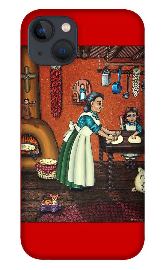 Folk Art iPhone 13 Case featuring the painting The Lesson or Making Tortillas by Victoria De Almeida