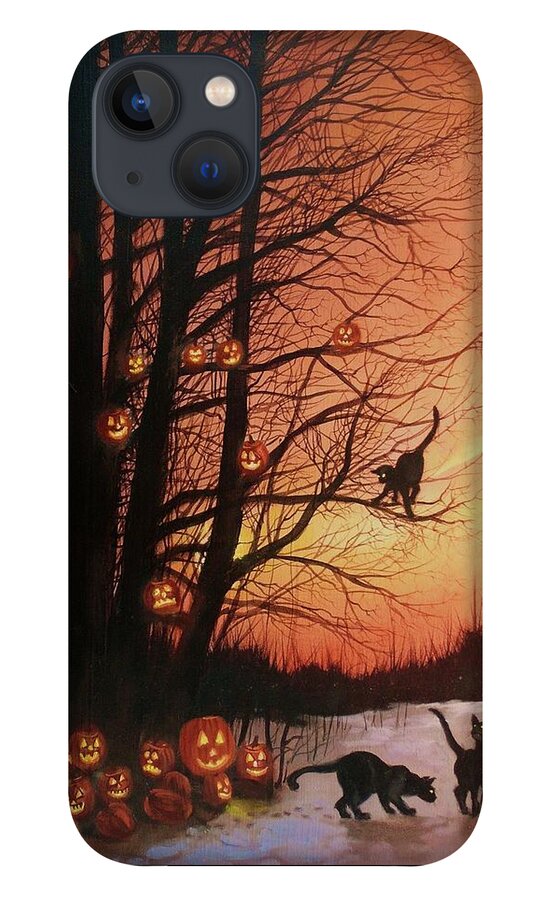 Black Cats iPhone 13 Case featuring the painting The Pumpkin Tree by Tom Shropshire