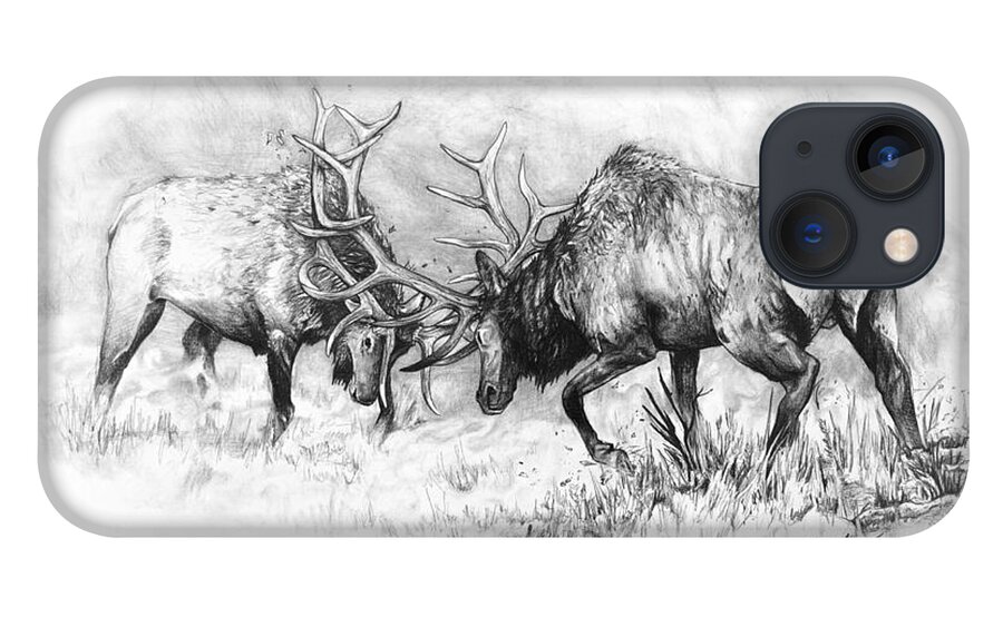 Elk iPhone 13 Case featuring the drawing The Scuffle by Aaron Spong