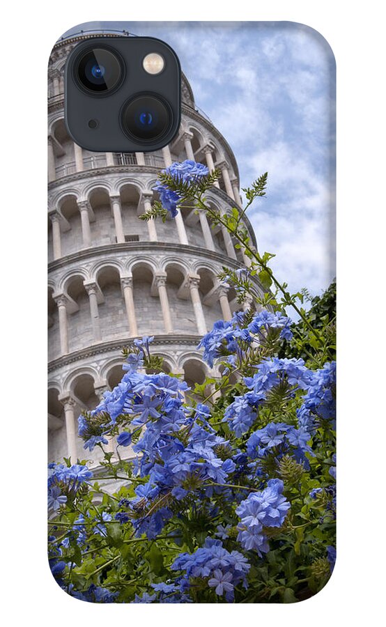 Architecture iPhone 13 Case featuring the photograph Tower of Pisa with Blue Flowers by Melany Sarafis