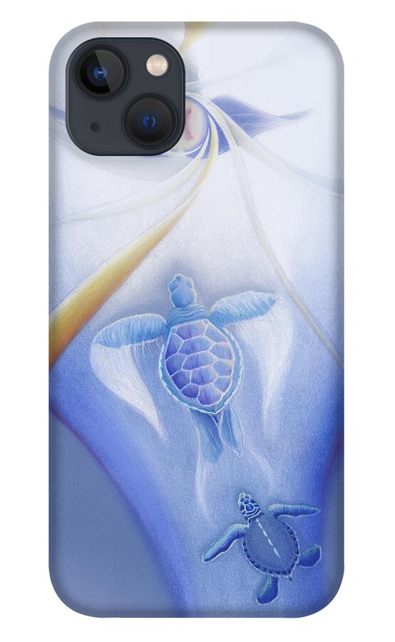 Turtles iPhone 13 Case featuring the drawing Turtles Ascending by Robin Aisha Landsong
