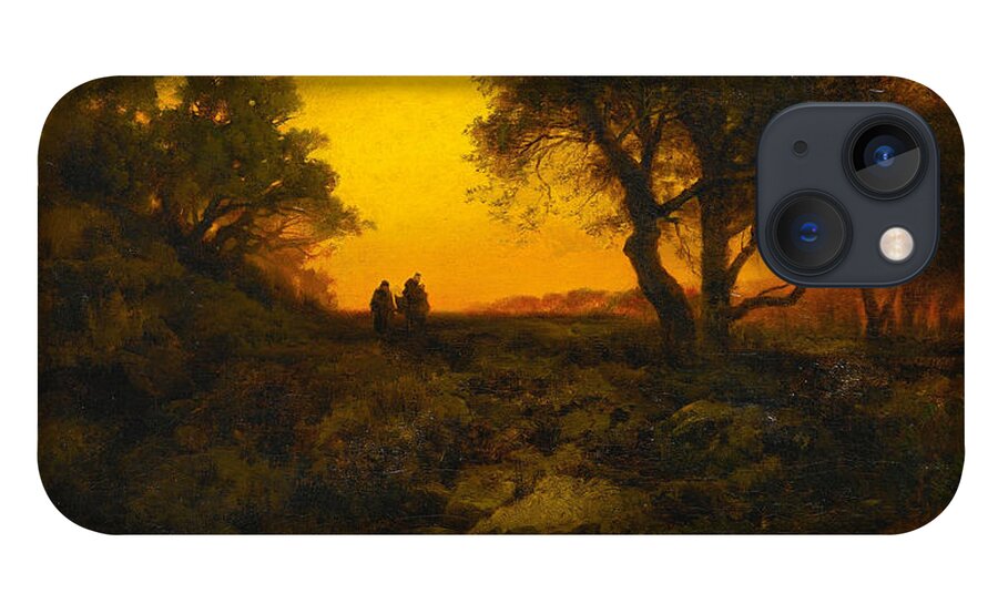 Thomas Moran iPhone 13 Case featuring the painting Twilight Landscape. Flight into Egypt by Thomas Moran