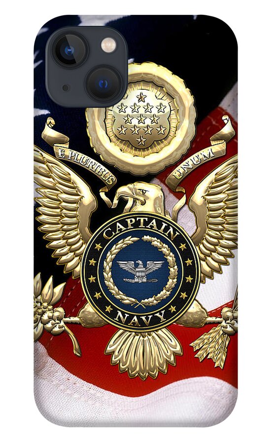 'military Insignia And Heraldry' Collection By Serge Averbukh iPhone 13 Case featuring the digital art U. S. Navy Captain - C A P T Rank Insignia over Gold Great Seal Eagle and Flag by Serge Averbukh