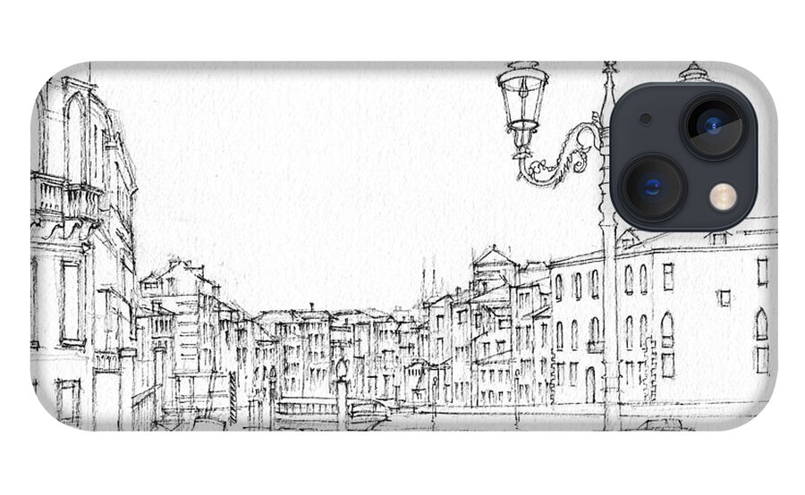 Canal. Ferry iPhone 13 Case featuring the drawing Venice Evening Sketch by Dai Wynn