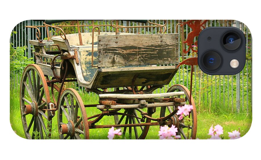 Aged iPhone 13 Case featuring the photograph Vintage horse carriage in a flower bed by Amanda Mohler