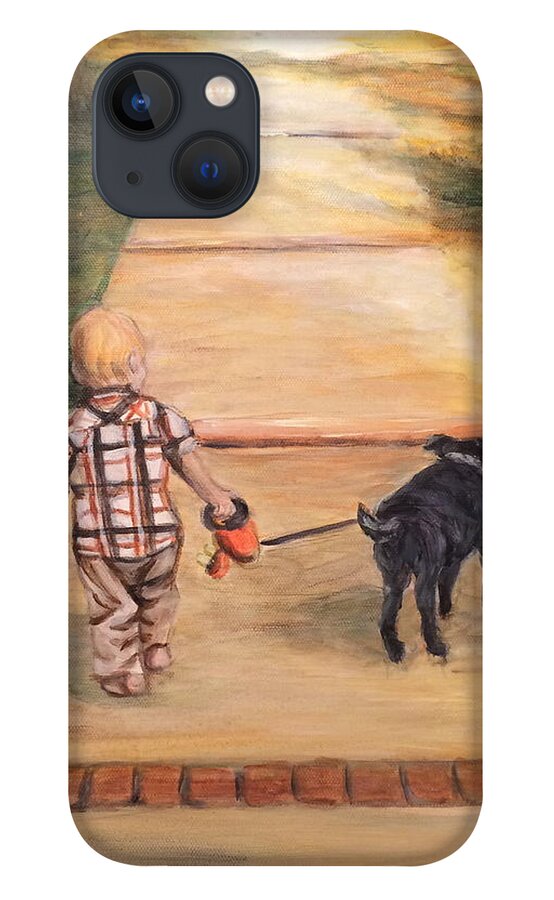 Child iPhone 13 Case featuring the painting Walking the dog by Bonnie Peacher