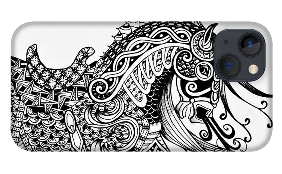 Horse iPhone 13 Case featuring the drawing War Horse - Zentangle by Jani Freimann