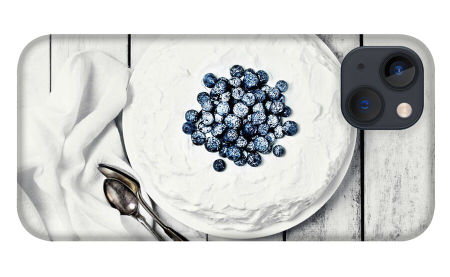 White Background iPhone 13 Case featuring the photograph White Cake With Blueberries by Claudia Totir