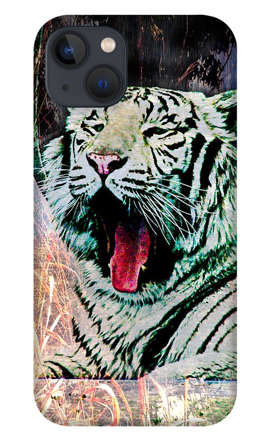 Animal iPhone 13 Case featuring the digital art White Tiger Yawning by Janice OConnor