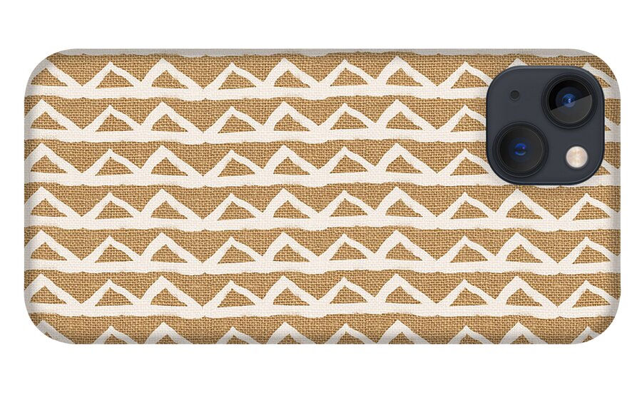 Triangles iPhone 13 Case featuring the mixed media White Triangles on Burlap by Linda Woods