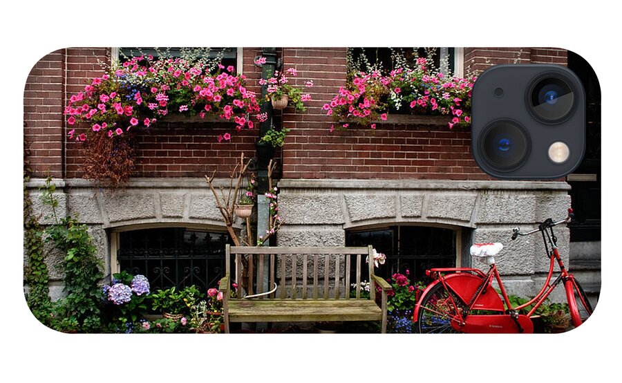 Amsterdam iPhone 13 Case featuring the photograph Window box bicycle and bench -- Amsterdam by Thomas Marchessault