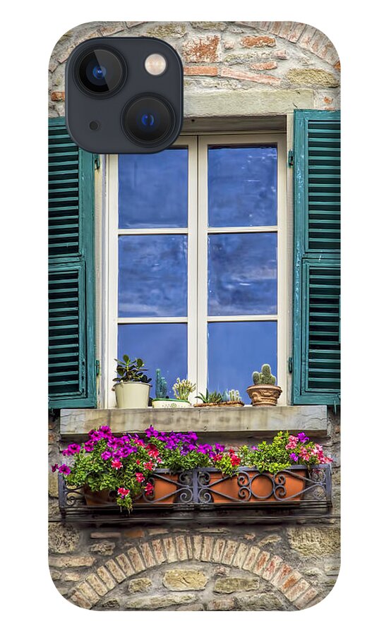Arch iPhone 13 Case featuring the photograph Window of Tuscany with Green Wood Shutters by David Letts