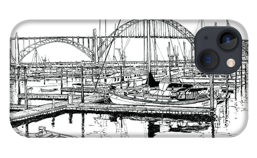 Yaquina Bay iPhone 13 Case featuring the drawing Yaquina Bay Newport Oregon by Ira Shander