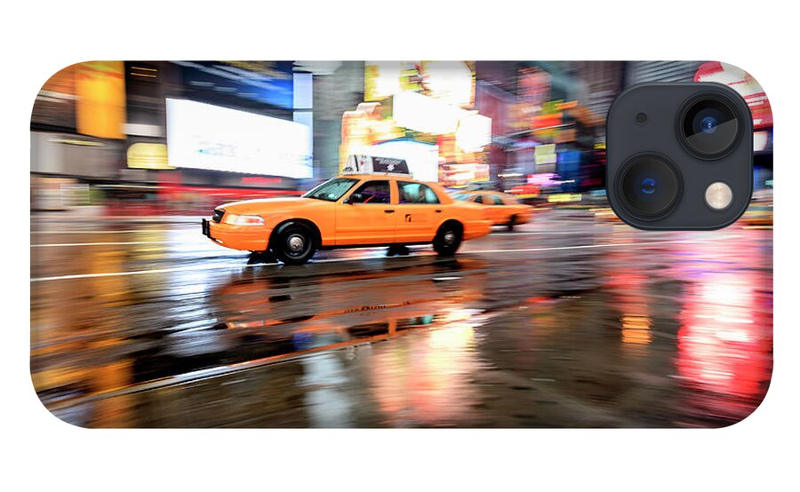 Blurred Motion iPhone 13 Case featuring the photograph Yellow Cab And Reflections, Times by Fred Froese