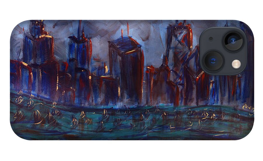 Chicago iPhone 13 Case featuring the painting Chicago Night Skyline with Lake Sail Boats on water Buildings and Architecture in Blue Orange Green by M Zimmerman MendyZ