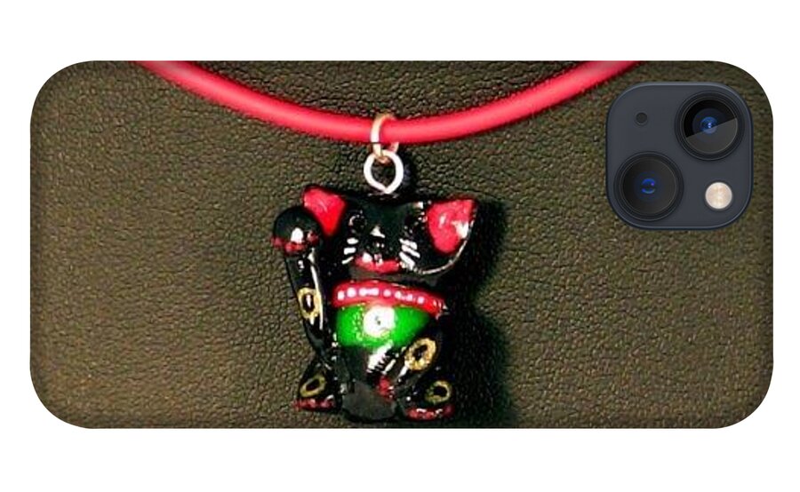 Match Your Pet iPhone 13 Case featuring the jewelry Deluxe Hand Painted Black Maneki Neko Lucky Beckoning Cat Necklace by Pet Serrano