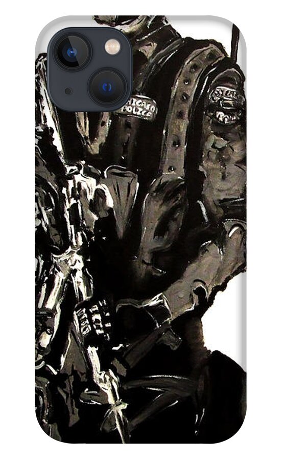 Mendyz iPhone 13 Case featuring the painting Full Length Figure Portrait of SWAT team leader Alpha Chicago Police in full uniform with war gun by M Zimmerman MendyZ