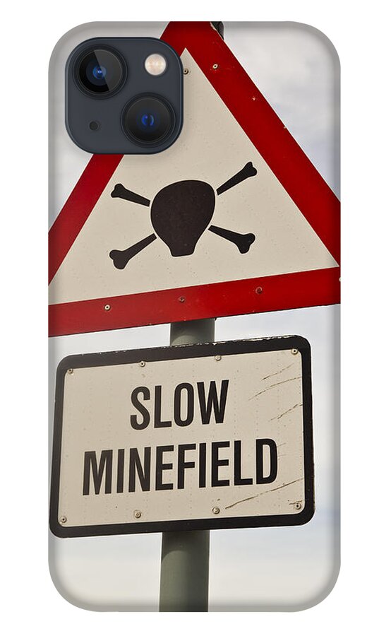00479610 iPhone 13 Case featuring the photograph Minefield Road Sign Falkland Islands by Colin Monteath