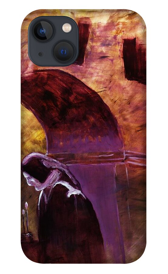 Old Lady Painting iPhone 13 Case featuring the painting Old Woman Lighting Candles in Cathedral in Purple and Yellow by MendyZ M Zimmerman