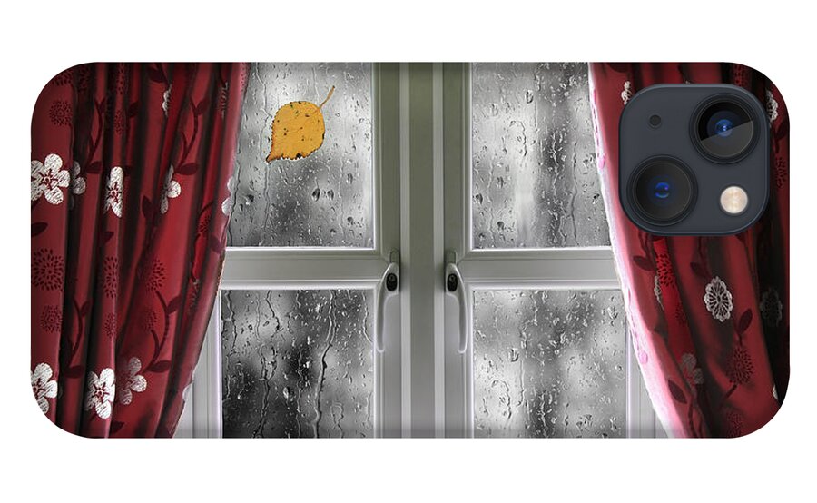 Window iPhone 13 Case featuring the photograph Rain on a window with curtains by Simon Bratt