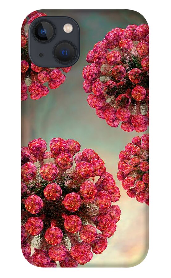 Biological iPhone 13 Case featuring the digital art Rubella Virus Particles by Russell Kightley