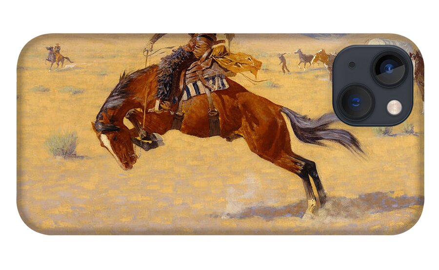 Cowboy; Horse; Pony; Rearing; Bronco; Wild West; Old West; Plain; Plains; American; Landscape; Breaking; Horses; Snow-capped; Mountains; Mountainous iPhone 13 Case featuring the painting A Cold Morning on the Range by Frederic Remington
