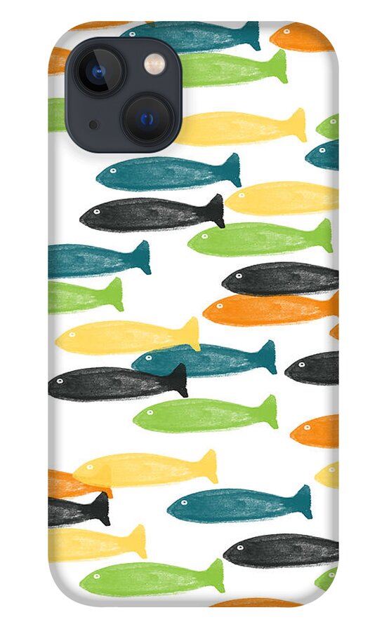 Fish Pond River Fishing Blue Green Orange Yellow Fish Pattern Art For Kids Room Dorm Room Art Cabin Art Hunting And Fishing Modern Fish Abstract Fish Art Outdoors Bedroom Art Kitchen Art Living Room Art Gallery Wall Art Art For Interior Designers Hospitality Art Set Design Wedding Gift Art By Linda Woods iPhone 13 Case featuring the painting Colorful Fish by Linda Woods