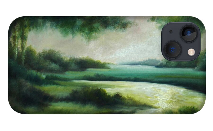 Bright Clouds; Sunsets; Reflections; Ocean; Water; Purple; Orange; Storms; Lightning; Contemporary; Abstract; Realism; James Christopher Hill; James Hill Studios; James C. Hilll; Forest; Flowers; Trees; Green; River; Water iPhone 13 Case featuring the painting Emerald Forest by James Christopher Hill