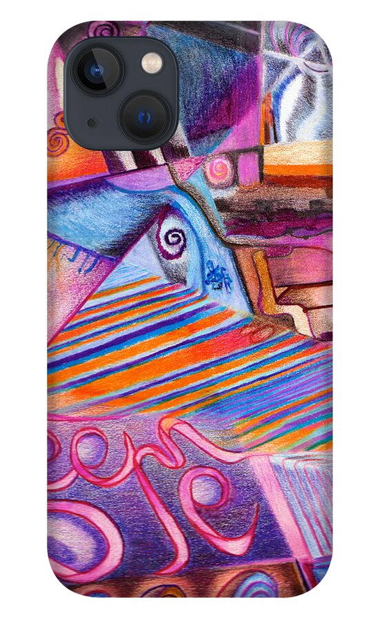 Abstract Imaginary Pink Purple Orange Colored Pencils iPhone 13 Case featuring the drawing See Me Evaporate #1 by Suzanne Udell Levinger