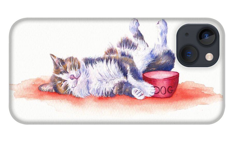 Cat iPhone 13 Case featuring the painting Contented Cat - Stolen Lunch by Debra Hall