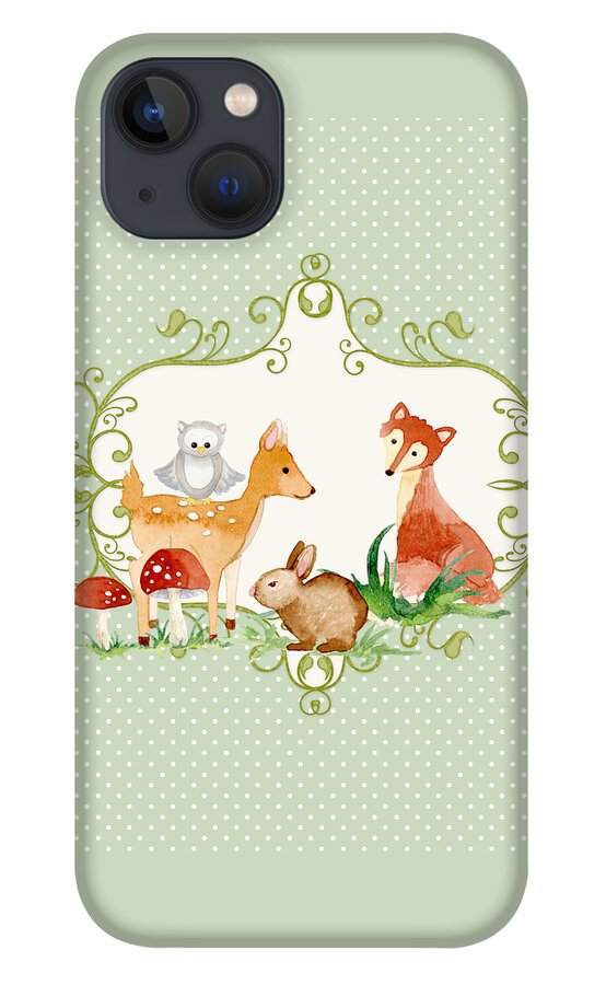 Woodland iPhone 13 Case featuring the painting Woodland Fairytale - Animals Deer Owl Fox Bunny N Mushrooms #1 by Audrey Jeanne Roberts