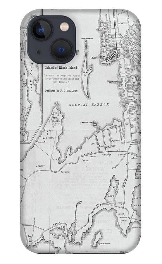 Newport iPhone 13 Case featuring the digital art 1800s Vintage map of Newport RI Rhode Island Black and White by Toby McGuire