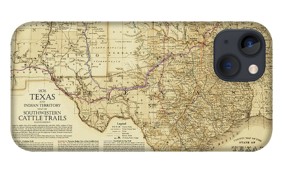 Cattle Trails Map iPhone 13 Case featuring the digital art 1876 Great Texas and Southwestern Cattle Trails Map by Texas Map Store