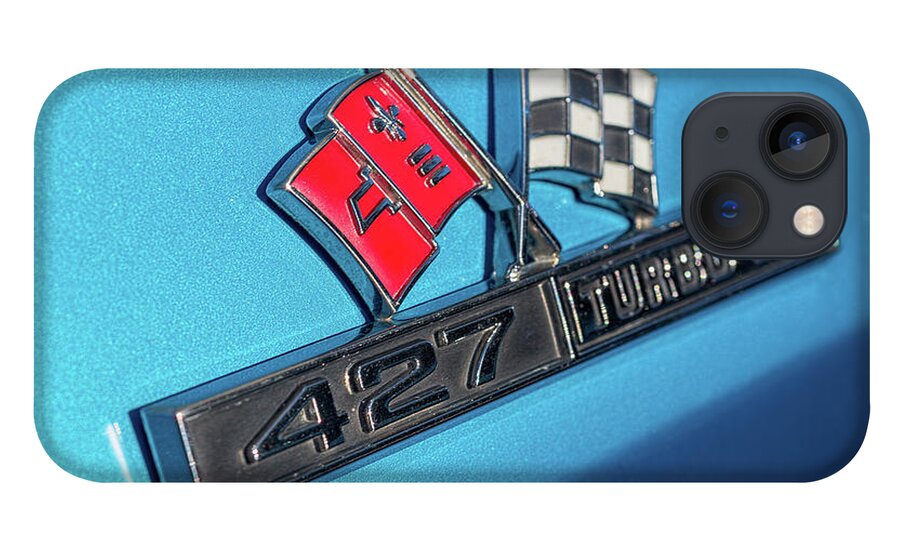 Chevy iPhone 13 Case featuring the photograph 1965 Blue Corvette 427 Turbo Jet Emblem by Aloha Art