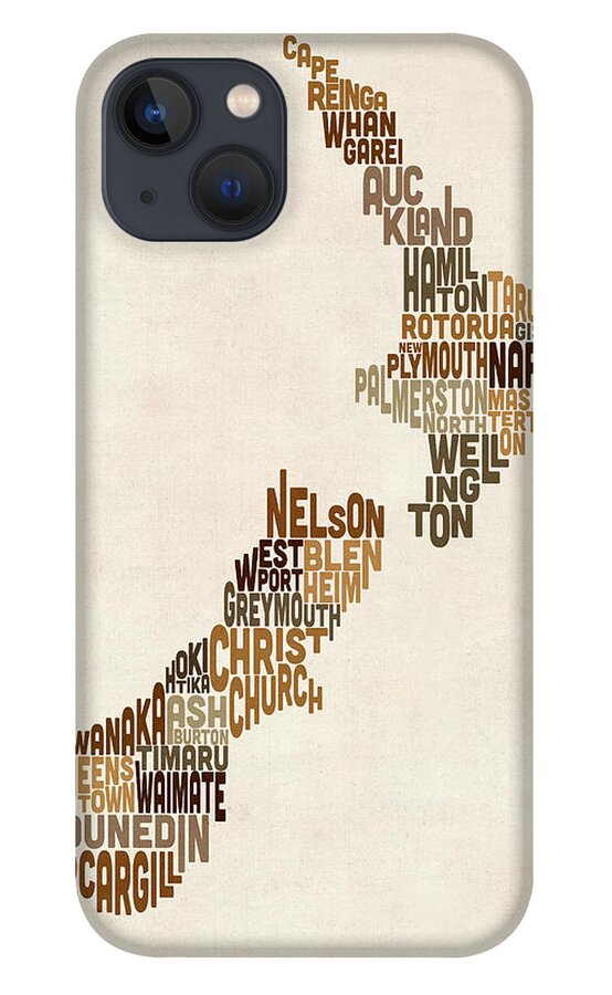 New Zealand Map iPhone 13 Case featuring the digital art New Zealand Typography Text Map #2 by Michael Tompsett