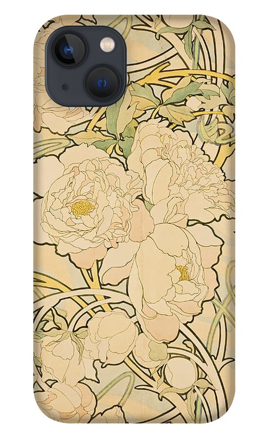Alphonse Mucha iPhone 13 Case featuring the painting Peonies #2 by Alphonse Mucha