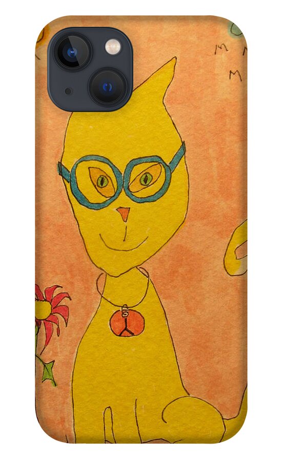 Hagood iPhone 13 Case featuring the painting Yellow Cat With Glasses by Lew Hagood