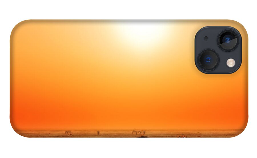 Africa iPhone 13 Case featuring the photograph Zebras herd on African savanna at sunset. #2 by Michal Bednarek