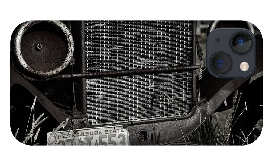 Auto Automobile Car Antique License Plate Montana Abandon Abandoned Black White Monochrome Headlight Grill Frame Bumper iPhone 13 Case featuring the photograph 37 T 553 No 2 5659 by Ken DePue