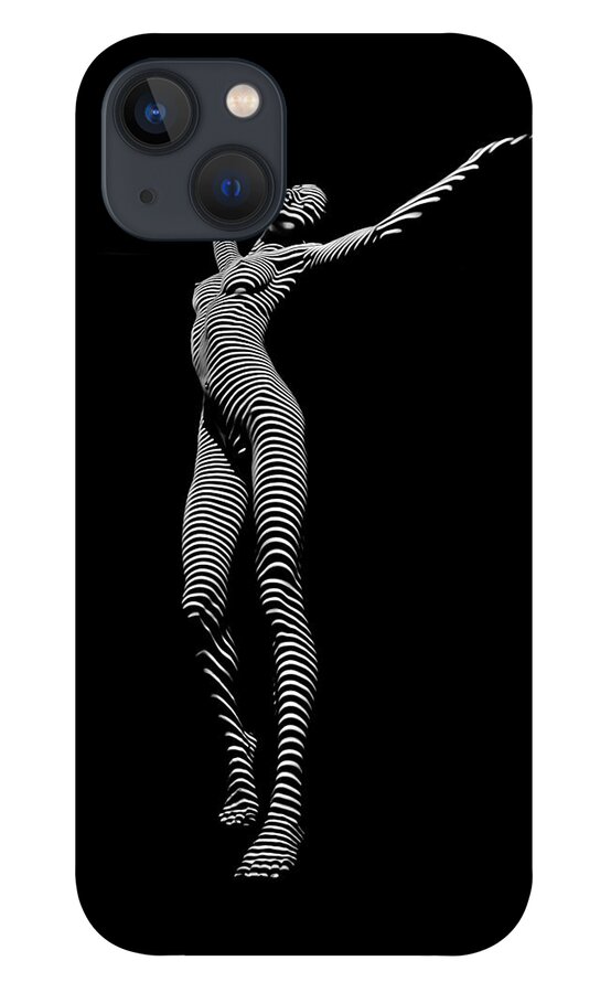 Zebra iPhone 13 Case featuring the photograph 9705-DJA Zebra Woman Flow of Life Black White Striped Young Woman by Chris Maher by Chris Maher