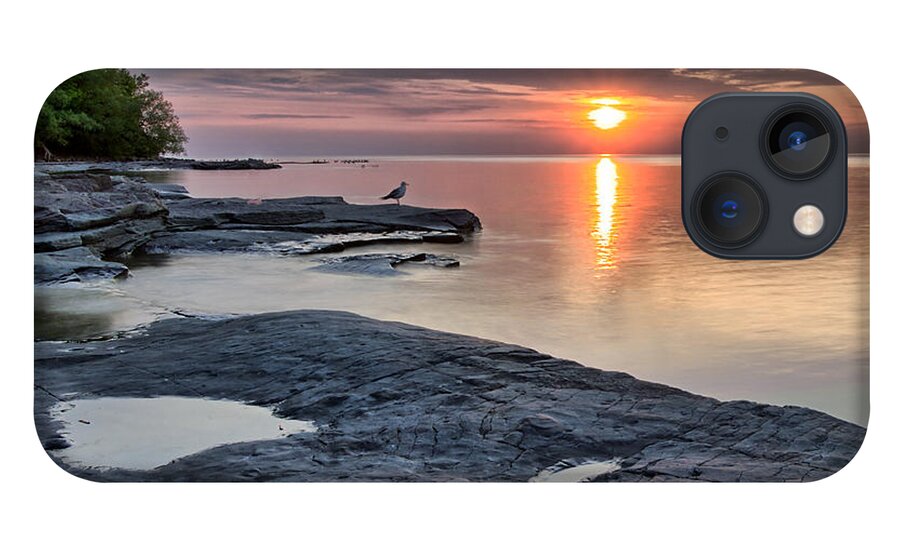 Flat Rock iPhone 13 Case featuring the photograph A Flat Rock Sunset with Seagull by Rod Best