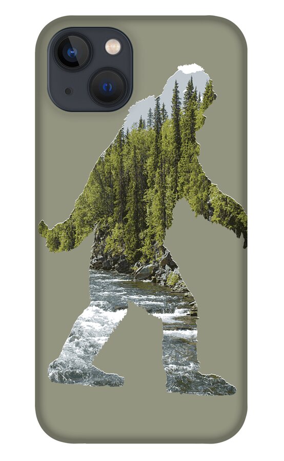 Sasquatch iPhone 13 Case featuring the digital art A Sasquatch Bigfoot Silhouette in The Wild River Rapids by Garaga Designs