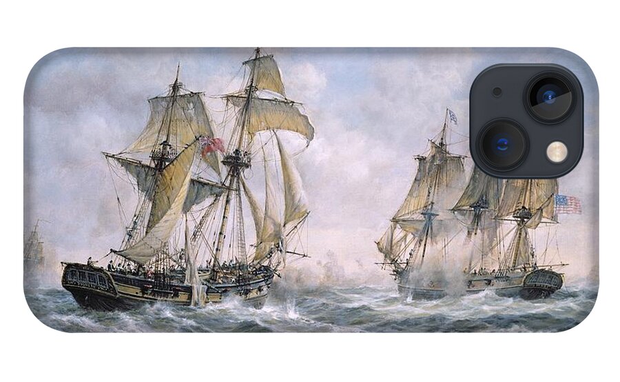 Seascape; Ships; Sail; Sailing; Ship; War; Battle; Battling; United States; Wasp; Brig Of War; Frolic; Sea; Water; Cloud; Clouds; Flag; Flags; Sloop; Action; Wave; Waves iPhone 13 Case featuring the painting Action Between U.S. Sloop-of-War 'Wasp' and H.M. Brig-of-War 'Frolic' by Richard Willis