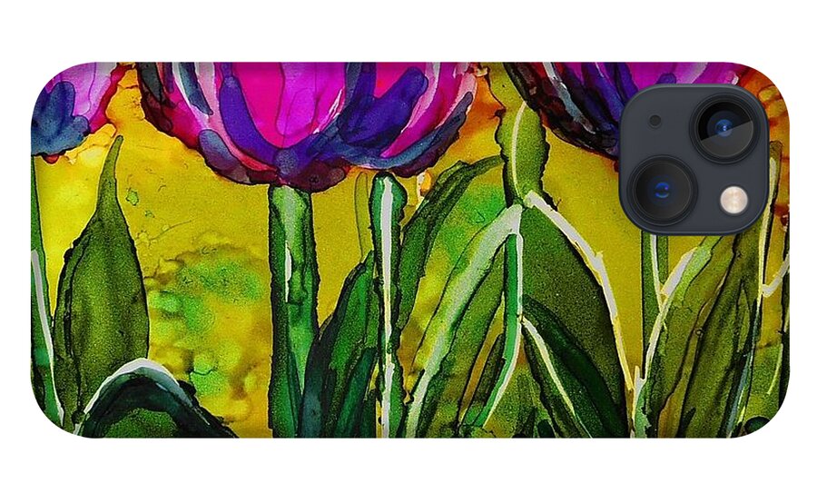 Alcohol Ink iPhone 13 Case featuring the painting Spring Tulips - A 215 by Catherine Van Der Woerd