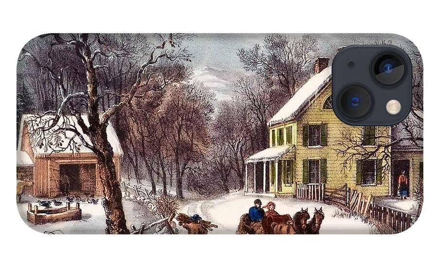 Winter Scene iPhone 13 Case featuring the painting American Homestead by Currier and Ives